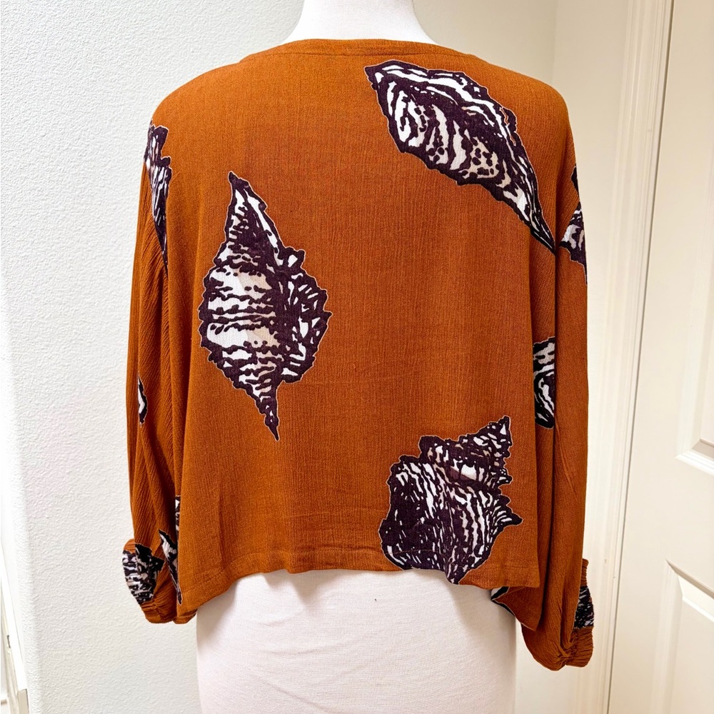 Anthropologie Bel Kazan Open-Front Rust Brown Printed Lightweight Layer Cardigan - Picture 3 of 7